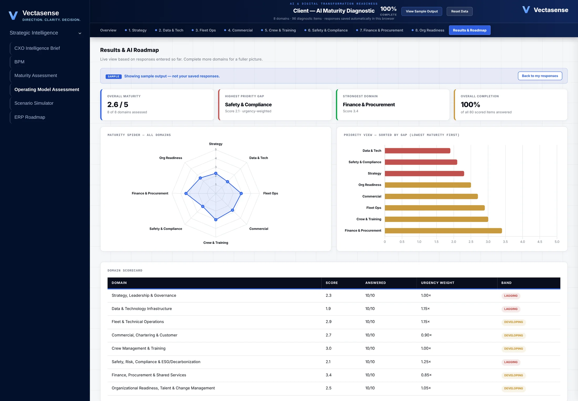 Operating Model Assessment: Results & AI Roadmap · sample output, synthetic data